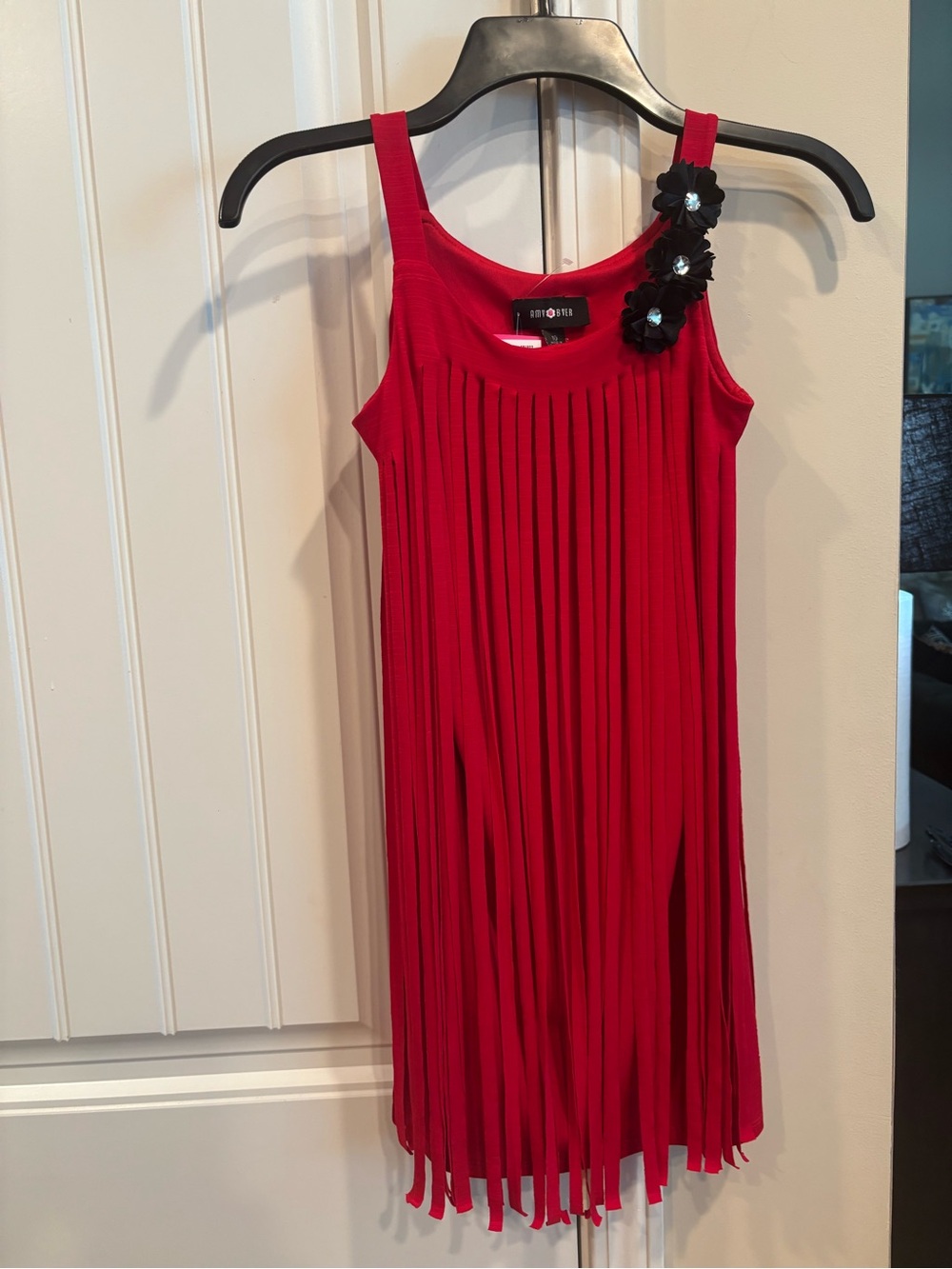 Red Fringe Sleeveless Tank Top with Black Flower Accenting Amy Byers